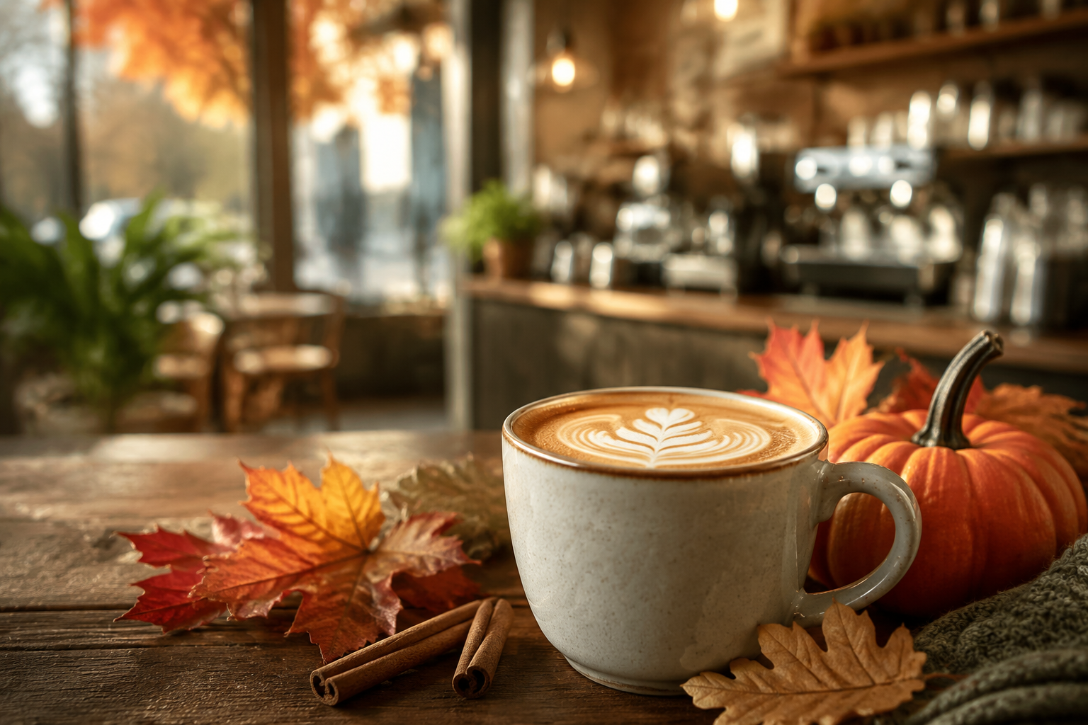 Latte with autumn leaves and pumpkins in a cozy coffee house